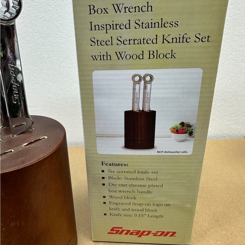 Snap-on 6-Piece Serrated Steak “Box Wrench” Knife Set with Wooden Block - NIB - Picture 6 of 8